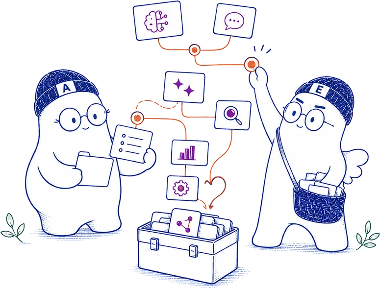 AE Platform 的兩個品牌角色 A 與 E，一起整理工具箱與流程