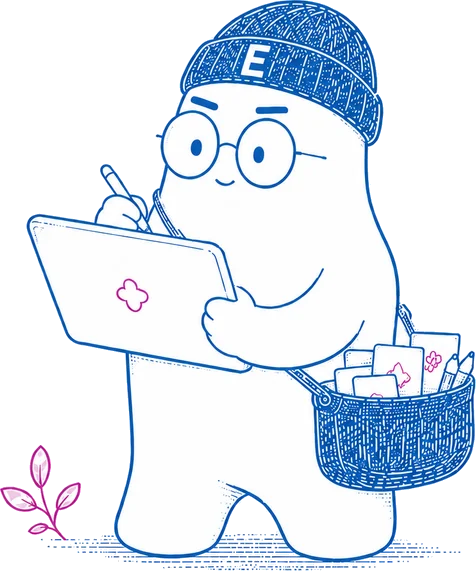 品牌角色 E 一邊在手提電腦上書寫，一邊把整理好的卡片放進袋裡