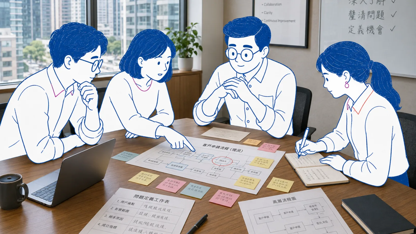 工作現場：團隊圍着桌面上的流程圖，逐點釐清問題、影響範圍與成功指標