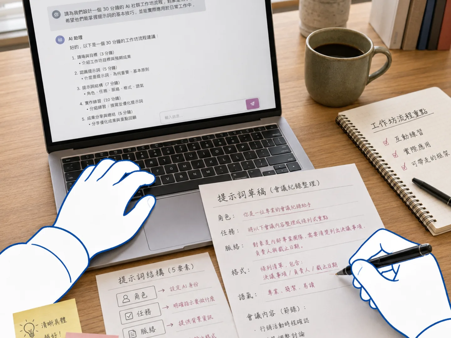 工作情境：一邊在電腦上修改 AI 草稿，一邊在紙上整理提示詞的角色、任務、脈絡、格式與語氣