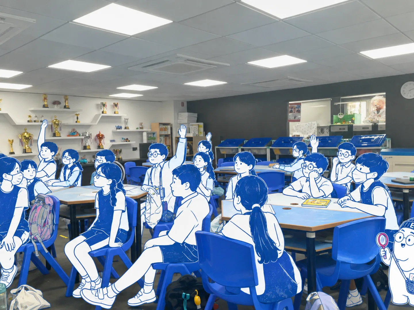 課堂現場：學生在 ICT 教室舉手回應，前方是當日的投影畫面