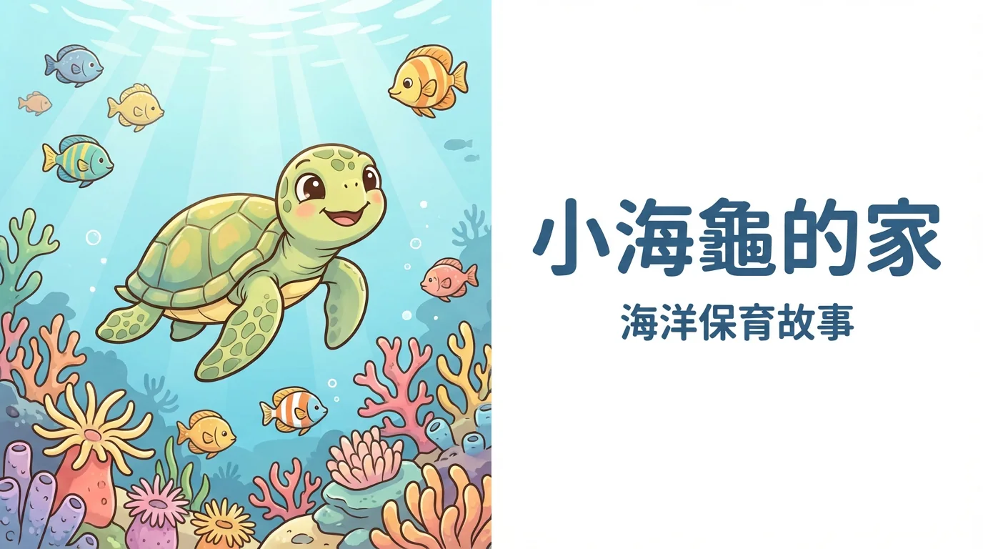學生創作的 AI 故事繪本《小海龜的家》封面：一隻小海龜在珊瑚、海草與魚群之間游動