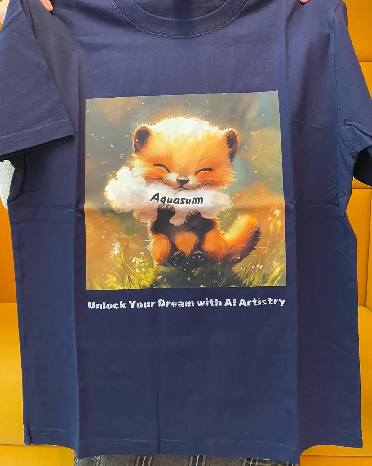 學生以 AI 創作的原創狐狸角色印製成深藍色 T 恤，由雙手展開展示