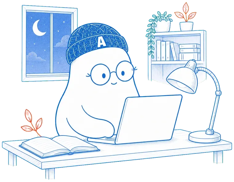 品牌角色 A 在夜晚的書桌前使用手提電腦，旁邊有攤開的筆記與檯燈